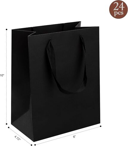 24 pcs Kraft Gift Bags Bulk Meduim Size 8x4.75x10 Inches, Black Kraft Paper Shopping Bags with Ribbon Handles, Party Favor Bags, Shopping Bags, Retail Bags, Wedding Bags in Kuwait