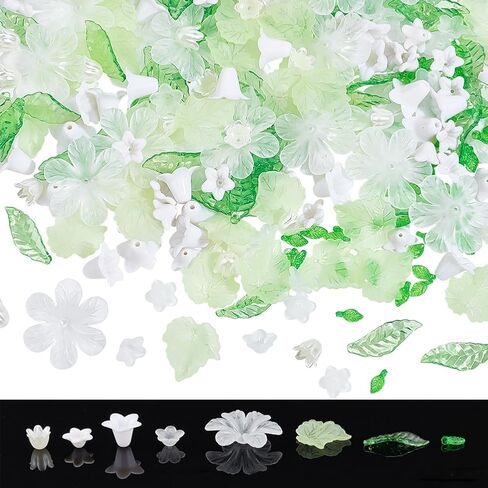 NBEADS 300 Pcs Acrylic Assorted Beads Kit, 1-2mm Hole Acrylic Flower and Leaf Beads DIY Jewelry Beads Caps ABS Plastic Pearl Beads for Bracelet Necklace Jewelry Making, Green in Kuwait