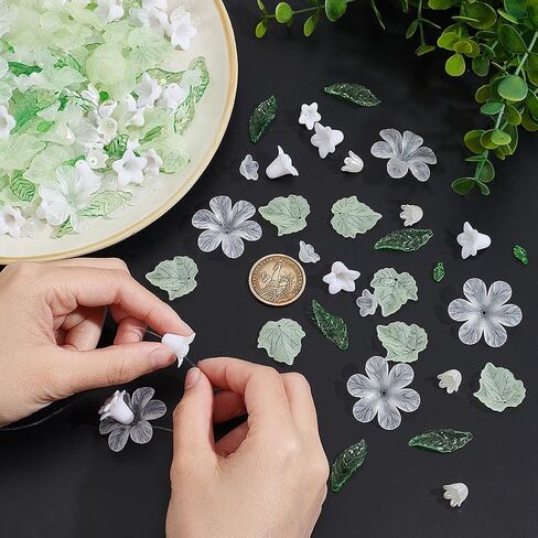 NBEADS 300 Pcs Acrylic Assorted Beads Kit, 1-2mm Hole Acrylic Flower and Leaf Beads DIY Jewelry Beads Caps ABS Plastic Pearl Beads for Bracelet Necklace Jewelry Making, Green in Kuwait