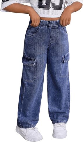 Floerns Girl's Elastic Waist Jeans Flap Pocket Straight Leg Cargo Denim Pants in Saudi Arabia