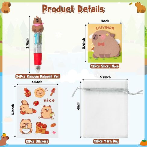 CY2SIDE Capybara Stationery Party Gift - 12 Pack Fun Animal Prizes Set Include 4-in-1 Ballpoint Pens Sticky Note Sticker and Organza Birthday Party Favors Goodie Bag Fillers Stuffer for School Rewards in Saudi Arabia