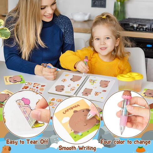 CY2SIDE Capybara Stationery Party Gift - 12 Pack Fun Animal Prizes Set Include 4-in-1 Ballpoint Pens Sticky Note Sticker and Organza Birthday Party Favors Goodie Bag Fillers Stuffer for School Rewards in Saudi Arabia