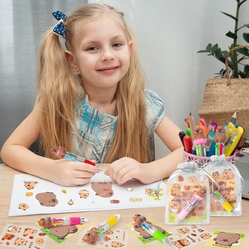 CY2SIDE Capybara Stationery Party Gift - 12 Pack Fun Animal Prizes Set Include 4-in-1 Ballpoint Pens Sticky Note Sticker and Organza Birthday Party Favors Goodie Bag Fillers Stuffer for School Rewards in Saudi Arabia