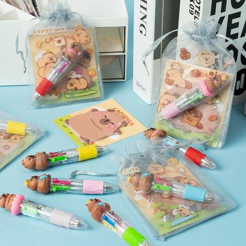 CY2SIDE Capybara Stationery Party Gift - 12 Pack Fun Animal Prizes Set Include 4-in-1 Ballpoint Pens Sticky Note Sticker and Organza Birthday Party Favors Goodie Bag Fillers Stuffer for School Rewards in Saudi Arabia