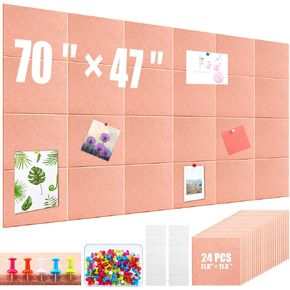 24 Pack Large Cork Board Felt Wall Tiles 70 x47 Square Bulletin Board Alternative with 96 Removable Adhesives Tabs and 200 Push Pins Felt Corkboards Tiles for Wall Home Office (White)