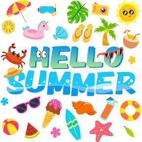 LioNergy 61pcs Hello Summer Classroom Bulletin Board Decoration Hawaiian Tropical Theme Cut Outs Party Decoration Colorful Summertime Unicorn Palm Tree School Teacher Supplies for Classroom
