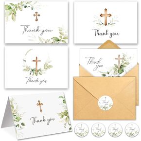 25 Thank You Cards with Envelopes, 5 Watercolor Greenery Cross Designs 4 x 6in Blank Inside Thank You Card for Bulk Baptism, Wedding, Communion, Funeral, Baby Shower