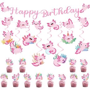 Pink Axolotl Birthday Decorations, 22PCS Axolotl Happy Birthday Party Banners Hanging Swirls and Cupcake Toppers, Cartoon Axolotl Garland Supplies for Kids