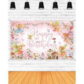 Mocsicka Fairy Birthday Backdrop Banner Pink Little Fairy Happy Birthday Party Decorations Banner for Girls Spring Magic Forest Princess Birthday Photography Backrgound (Pink, 70.8 x 43.3 Inch)