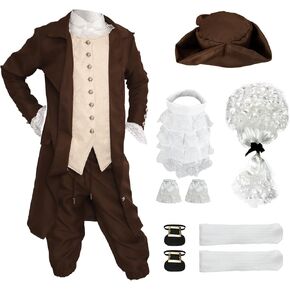 Colonial Costume Boys 18th Century Traditional America Cosplay Costume with Wig.