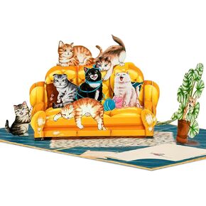 Lovely Funny Cats Pop Up Card, Crazy, Humorous Cats on Sofa, Living Room, Cat Themed, 3D Greeting Card, Ideal Gift for Birthday, Valentines, Mother's Day, 5x7