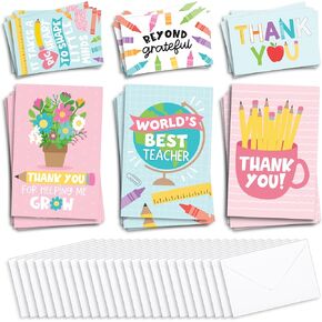 Hadley Designs 24 Teacher Thank You Cards – Bulk Teacher Appreciation Cards with Envelopes, 6 Unique Designs, Ideal for Appreciation Week & Gifts (Doodle School)