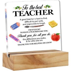 Teacher Appreciation Gifts for Women Men, Teachers Gift for Christmas Birthday, to the Best Teacher Clear Acrylic Sign with Wood Stand Table Sign Decoration