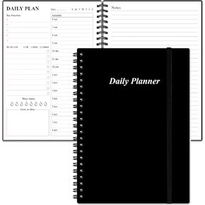 Daily Planner Undated - A5 To Do List Notebook Hourly Schedules, Spiral Appointment Planner for Women and Men, PVC Hardcover, Inner Pocket, Elastic Closure, 5.8" x 8.3", Black