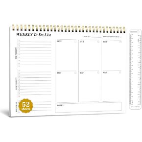 Weekly To Do List Notepad - 52 Undated Sheets Weekly Planner A4 Size（8.5"×11"）Spiral Desk Checklist Notebook with Ruler Storage Pocket Perfect for Office Home School Teacher Supplies - Pink