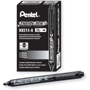 Pentel Handy-line S Retractable and Refillable Permanent Marker, Bullet Tip, Black Barrel, Black Ink, Box of 12 (NXS15-A)