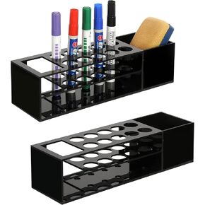 MyGift Black Acrylic Whiteboard Marker Holder Organizer, Wall Mounted Storage Rack for Dry Erase Markers, Eraser and Cleaning Bottle