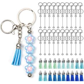 40 Pcs Beadable Keychains Bars Metal Beaded Keychain Blank Keychain Strips and Colorful Leather Keychain Tassel Loose for DIY Keychain Pendant Jewelry Crafts (Silver)