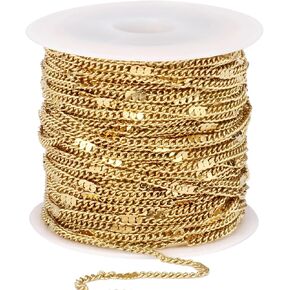 33FT 18K Gold Plated Curb Chains Bulk, 2mm Stainless Steel Flat Satellite Curb Link Chains Roll for Jewelry Making