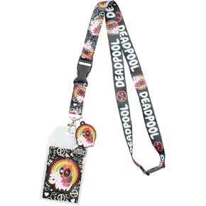 Marvel Deadpool Chibi Lanyard ID Holder with Unicorn and Rainbow Rubber Charm Pendant and Collectible Sticker