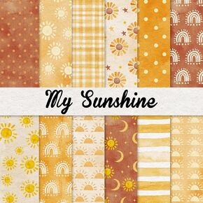 Whaline 24Pcs Boho Sunshine Pattern Paper Yellow Sun Dot Scrapbook Specialty Paper Vintage Double Sided Decorative Craft Paper for DIY Art Card Making Photo Album Junk Journal Decor, 11.8 x 11.8 Inch