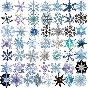 50Pcs Christmas Snowflake Stickers, Snowflake Stickers for Water Bottle, Vinyl Waterproof Stickers Snowflake Decoration for Xmas Party Favors Laptop Luggage Skateboard Decoration