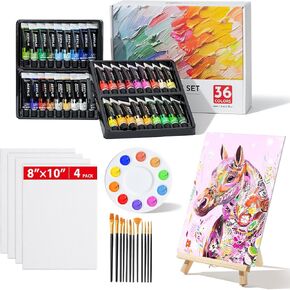 Simetufy Acrylic Paint Canvas Set - Chirstmas Gifts for Kids Ages 8-12, Kids Painting Set with 36 Colors,12 Paint Brushes, 4 Canvas Boards, Art Supplies for Students, Ages 4-8, Artists and Beginner