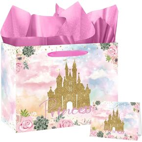 Large Princess Gift Bag Princess Castle Party Favor Bag with Tissue Paper and Cards Princess Candy Goodie Bags Prince Princess Treat Gift Wrapping Paper Bags for Girl Birthday Party Decorations