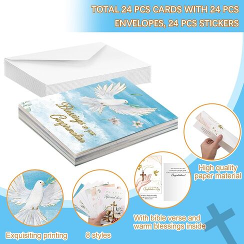 24 Sets Religious Confirmation Card Bulk with Scripture Assorted Message and Bible Verse Inspirational Congratulations Confirmation Greeting Cards with Envelopes for Christian Gifts Baptism in Kuwait