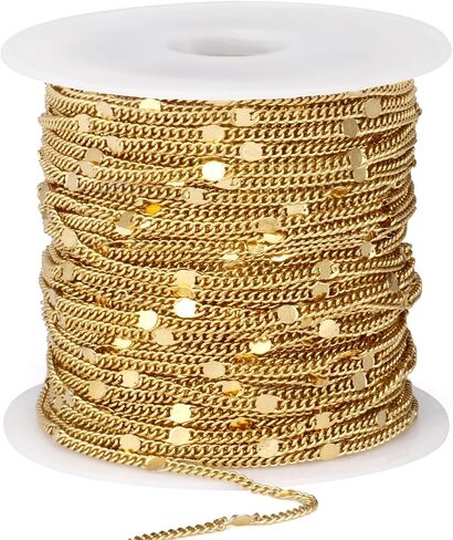 33FT 18K Gold Plated Curb Chains Bulk, 2mm Stainless Steel Flat Satellite Curb Link Chains Roll for Jewelry Making in Kuwait
