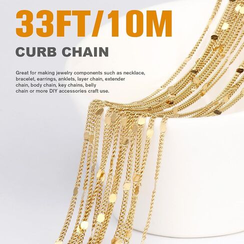 33FT 18K Gold Plated Curb Chains Bulk, 2mm Stainless Steel Flat Satellite Curb Link Chains Roll for Jewelry Making in Kuwait