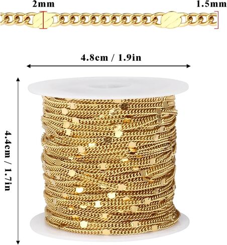 33FT 18K Gold Plated Curb Chains Bulk, 2mm Stainless Steel Flat Satellite Curb Link Chains Roll for Jewelry Making in Kuwait