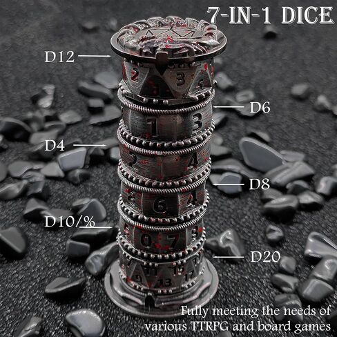 Pagoda Dice Spinner 7 in 1 DND Dice Set, Metal D&D Unique Roulette Dice, D4 D6 D8 D10 D12 D20 D% for Dungeons and Dragons RPG Role Playing Gaming Dice Tower (Blood Strain) in Saudi Arabia