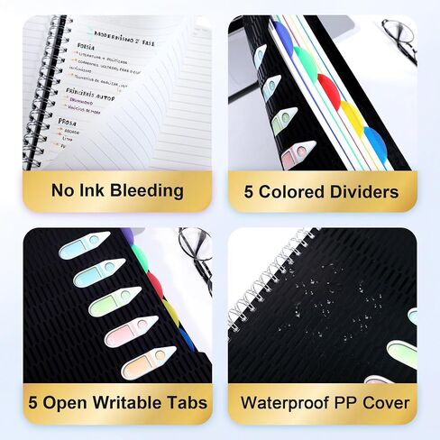 CAGIE 5 دفتر ملاحظات الموضوع مع المقسمات ، 240 صفحة دفتر حلزوني 5 × 7 ، تحكم كلية Small Spiral Notebook ، 100GSM دفاتر مجلة مبطنة مع علامات تبويب للعمل ، المدرسة ، المكتب ، أخذ الملاحظات ، الأسود in Kuwait