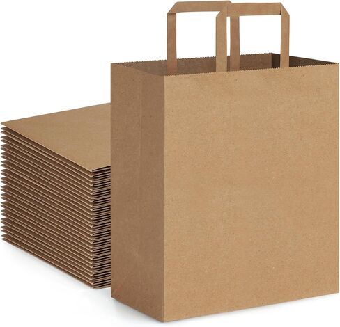 BagDream 100Pack 10x6.75x12 Kraft Brown Paper Bags with Handles Bulk, Shopping Merchandise Retail To Go Bags for Takeout Containers, Flat Handles Wider-gusset Recycled Gift Bags in Kuwait