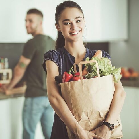 BagDream 100Pack 10x6.75x12 Kraft Brown Paper Bags with Handles Bulk, Shopping Merchandise Retail To Go Bags for Takeout Containers, Flat Handles Wider-gusset Recycled Gift Bags in Kuwait