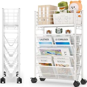 TOOLF 5 Tier Rolling Bookshelf, Metal Book Storage Organization with Wheels, Mobile Rolling Book Cart for Classroom Dorm School Home, Rolling File Cart for Office Study, White
