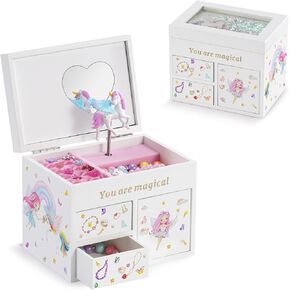 Lolalet Wooden Jewelry Box مع Unicorn for Girls ، منظم مجوهرات الأطفال الموسيقيين ، هدية لطفل صغير 2 3 4 5 6 7 8 9 في عيد الميلاد -العملة