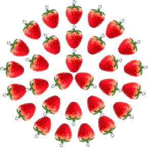 OIIKI 30Pcs 3D Red Strawberry Pendants, Cute Resin Hanging Fruit Beads DIY Crafts Supplies Decorative Accessories for Jewelry Making Necklaces Earrings Bracelets