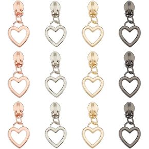SUPERFINDINGS 12Pcs 4 Colors Alloy Zipper Pulls Heart Zipper Slider Love Shape Zipper Head Repair Replacement for Luggages Purses Bags Clothes Shoes