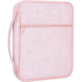 Large Bible Cover Case for Women, Luster Pearl Bible Case for Girl, Leather Church Bible Bag with Handle, Pink Bible Book Cover, Christian Gift for Women Girls, 11x8.5x2.7 inch