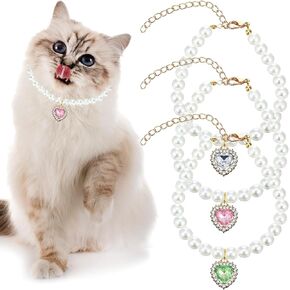 3 Pcs Pearl Cat Collar Adjustable Dog Pearl Necklace Collar Heart Rhinestones Pet Necklace for Pet Wedding Party Birthday Jewelry Accessories Make Your Cats and Dogs More Charming (White Pink Green)