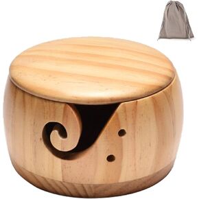 Wooden Yarn Bowl,Crochet Bowl with Lid Knitting Yarn Bowls with Holes Yarn Storage Bowl Handmade Craft with Storagebag for DIY Knitting Crocheting