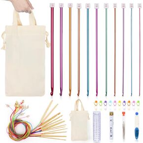 Katech 23 PCS Tunisian Crochet Hooks Set, 11 PCS 2mm-8mm Matel Crochet Hooks & 12 PCS 3mm-10mm Circular Knitting Needles for Large Project, Afghan Crochet Needles with Cable Bag