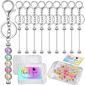 30 Pcs Beadable Keychains Set,10 Beads Blank Keychain10 Sealable Pouches 10 Thank You Cards for DIY Craft Making with 50 Decorative Beads (Silver)