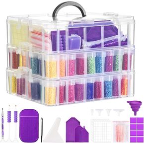 QUEFE 3-Tier Diamond Painting Storage Container, 100 Slots Clear Stackable Bead Organzier with Diamond Painting Accessories and Tools for DIY Diamond Art Craft Jewelry Bead Storage