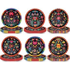 48Pcs Mexican Fiesta Party Decorations Mexico Paper Plates Mexican Themed Tableware Disposable Mexico Dinnerware for Mayo Party Supplies Taco Pinata Carnivals Event Dia De Muertos Festivals