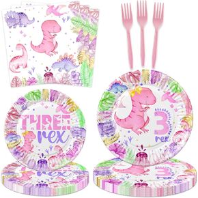 80 Pcs Watercolor Dinosaur 3rd Birthday Decorations Three Rex Dino Birthday Tableware Includes Plates, Forks, Napkins for Girls T-Rex 3 Rex Dinosaur 3 Year Old Birthday Party Supplies
