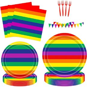 Rainbow Theme Party Kit for 24 Guests - 97 Pcs Including Plates, Forks, Napkins, Bunting - Vibrant Decor for Kids' Birthdays and Rainbow Celebrations
