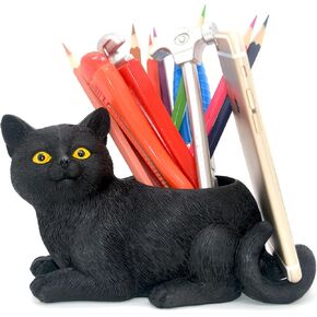 Cute Desk Accessories Cat Pen Pencil Holder with Phone Stand Office Decor Home Office School Desk Decor Cat Gift Ideal Gifts for Women, Mom or Birthdays(black)